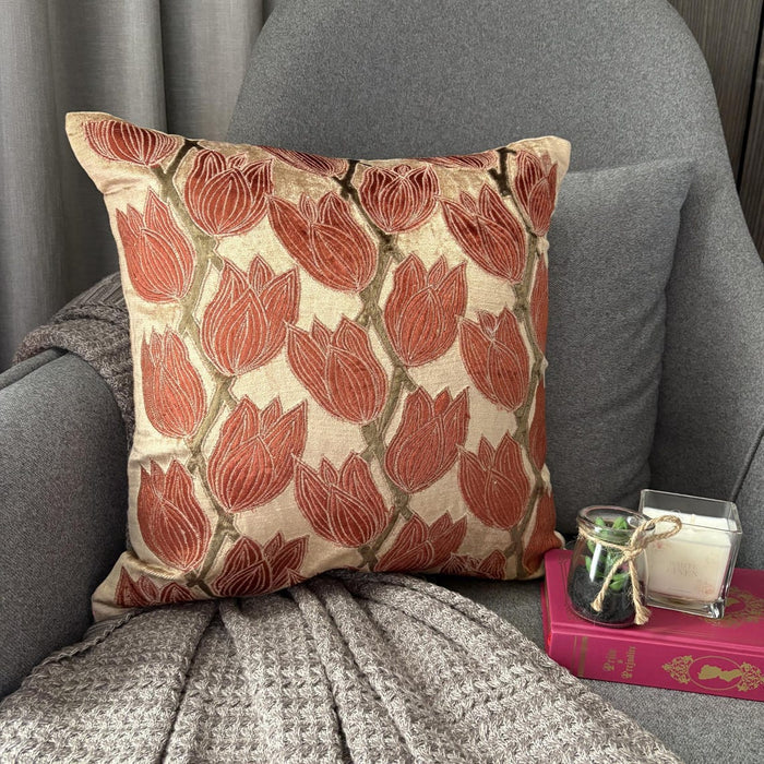 Blooming Tulips - Pearl Beige Velvet Throw Pillow Cover