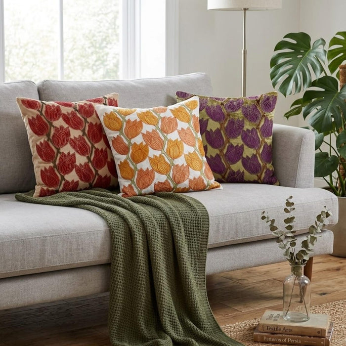 Blooming Tulips - Pearl Beige Velvet Throw Pillow Cover