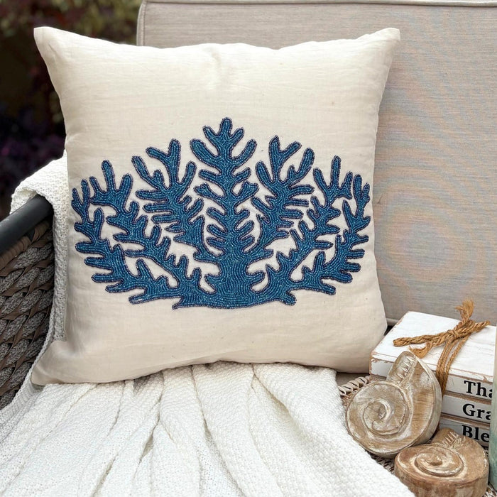 Blue Coral Treasure - White Linen Decorative Euro Sham