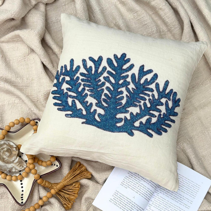 Blue Coral Treasure - White Linen Decorative Euro Sham