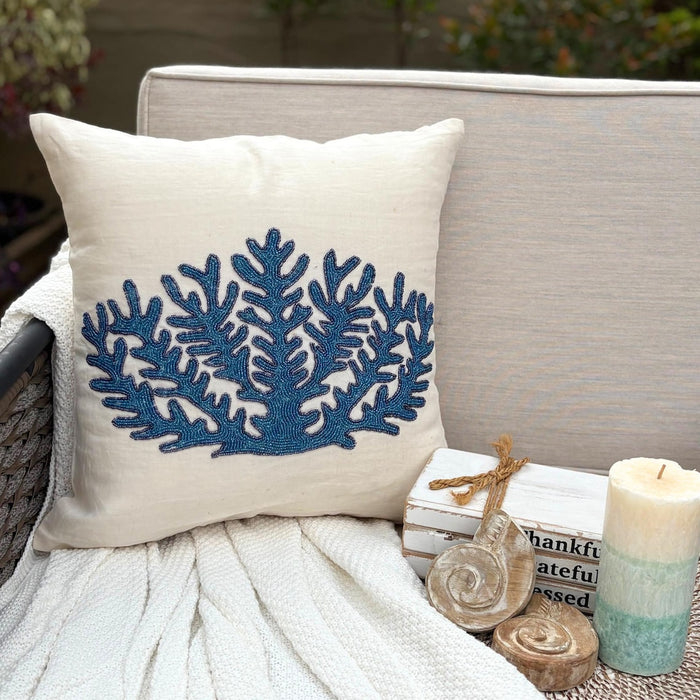 Blue Coral Treasure - White Linen Decorative Euro Sham