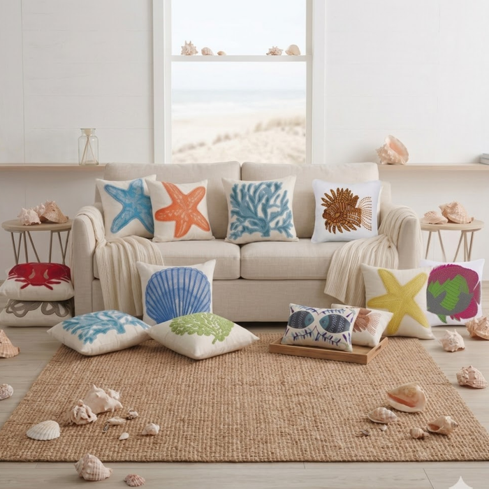 Blue Cotton Linen Throw Pillow Cover - Oyster Bay