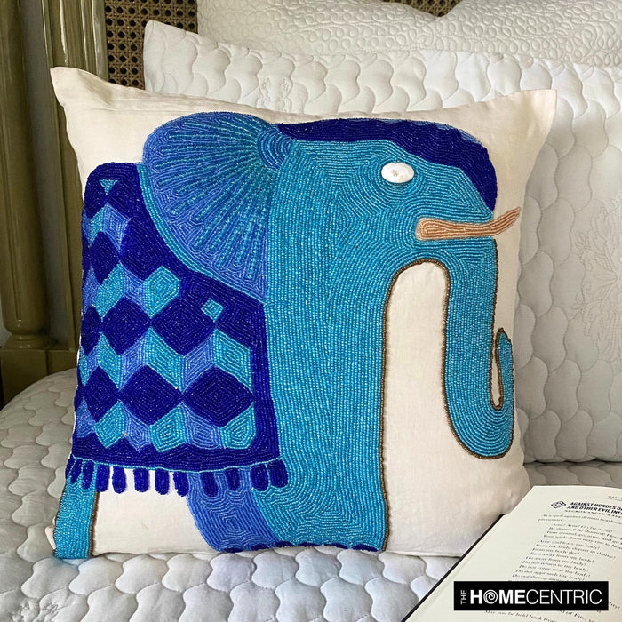 Blue Elephant - Blue Cotton Linen Decorative Euro Sham