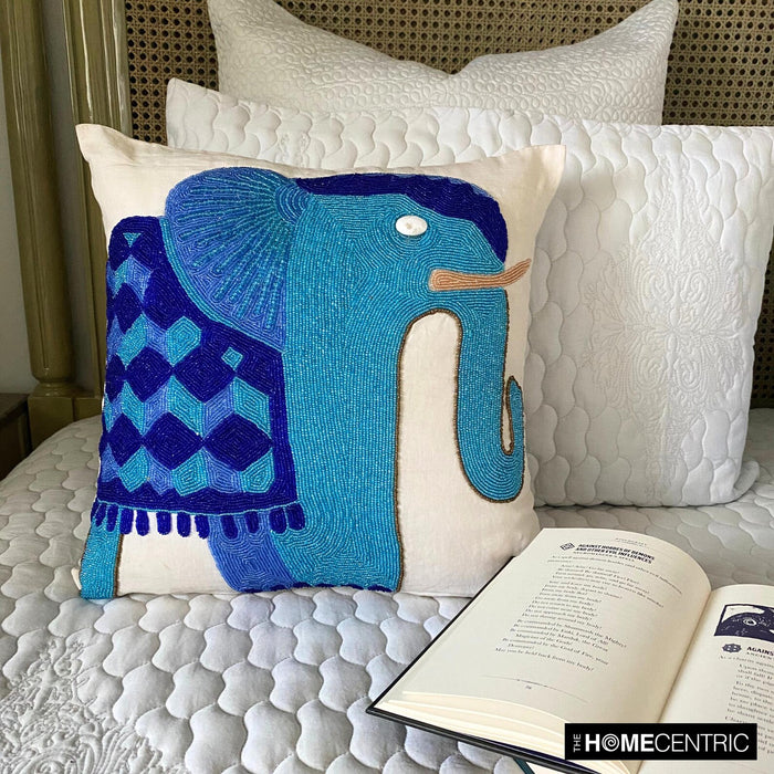 Blue Elephant - Blue Cotton Linen Decorative Euro Sham