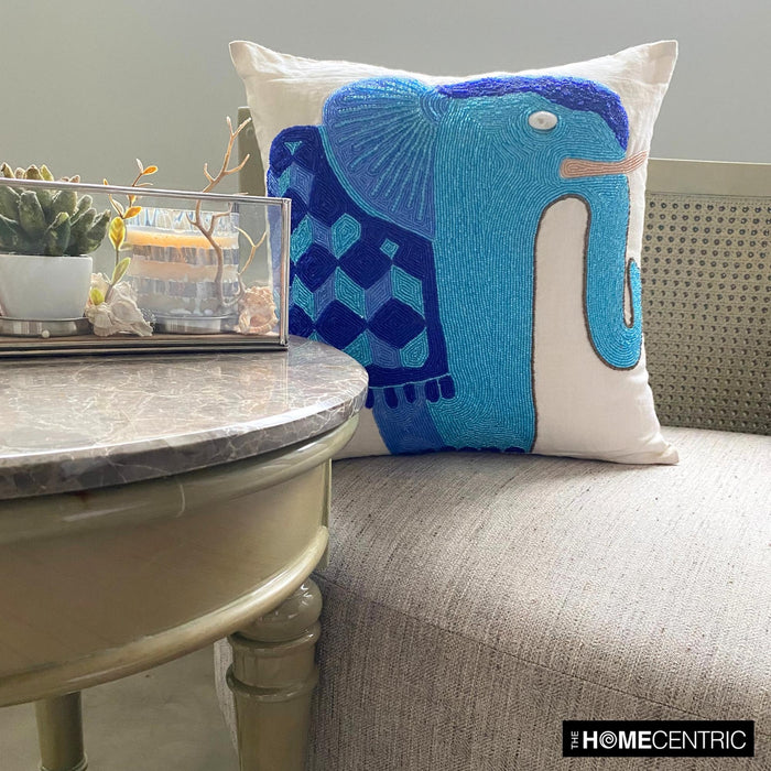 Blue Elephant - Blue Cotton Linen Throw Pillow Cover