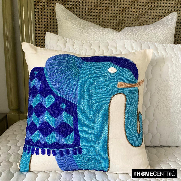 Blue Elephant - Blue Cotton Linen Throw Pillow Cover