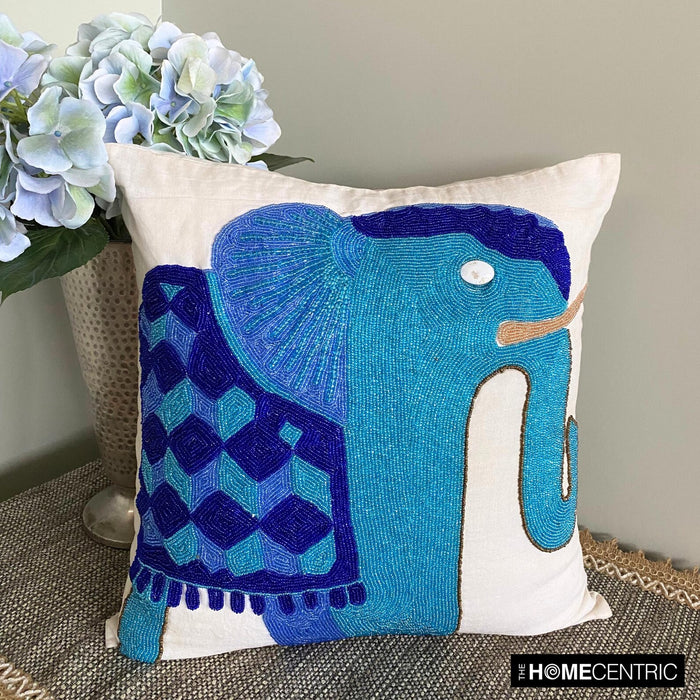 Blue Elephant - Blue Cotton Linen Throw Pillow Cover