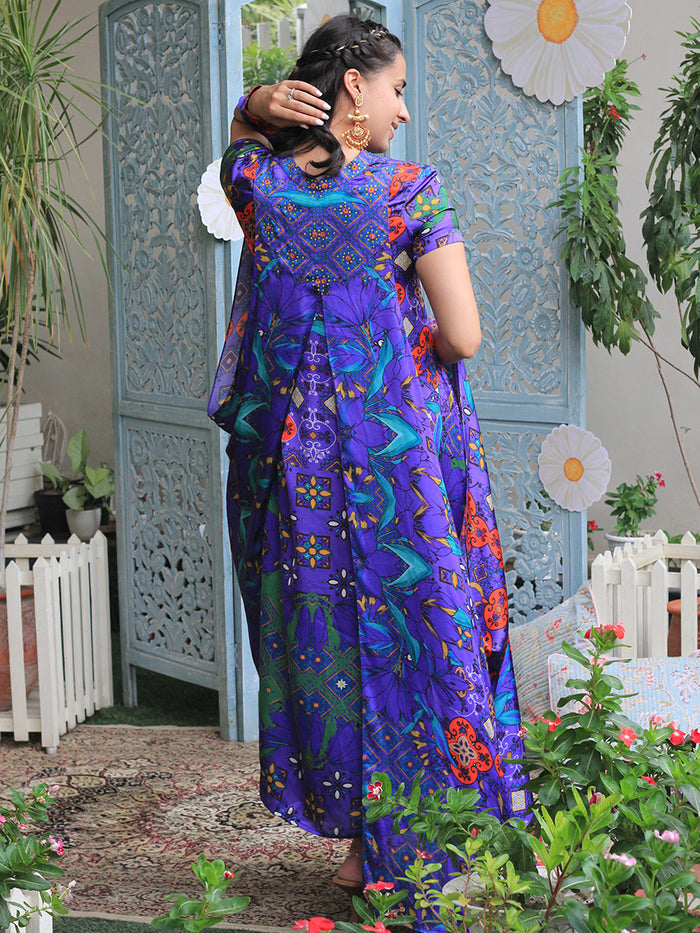 Layla Stylised Blue Moroccan Satin Silk Dress front view
