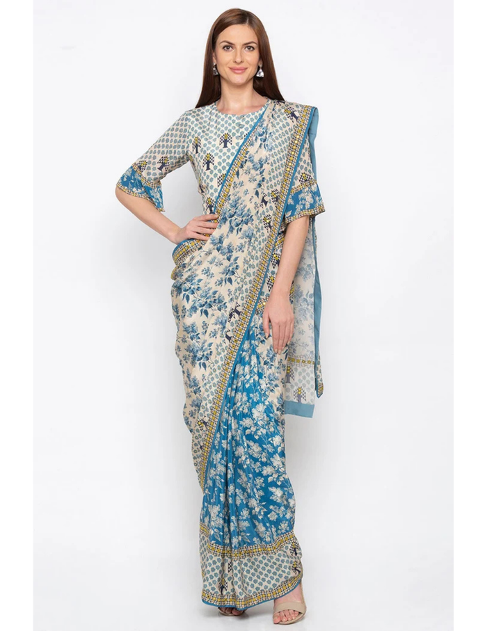 Blue  Pre-Stitched Saree Set