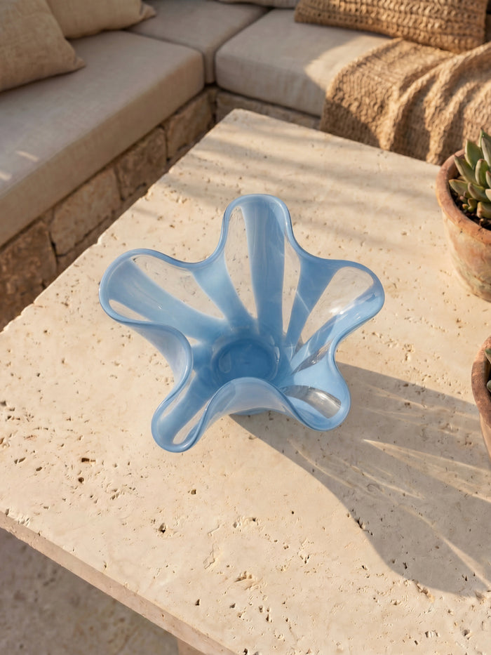 Blue Striped Handblown Glass Tea Light Holders - Set of 2