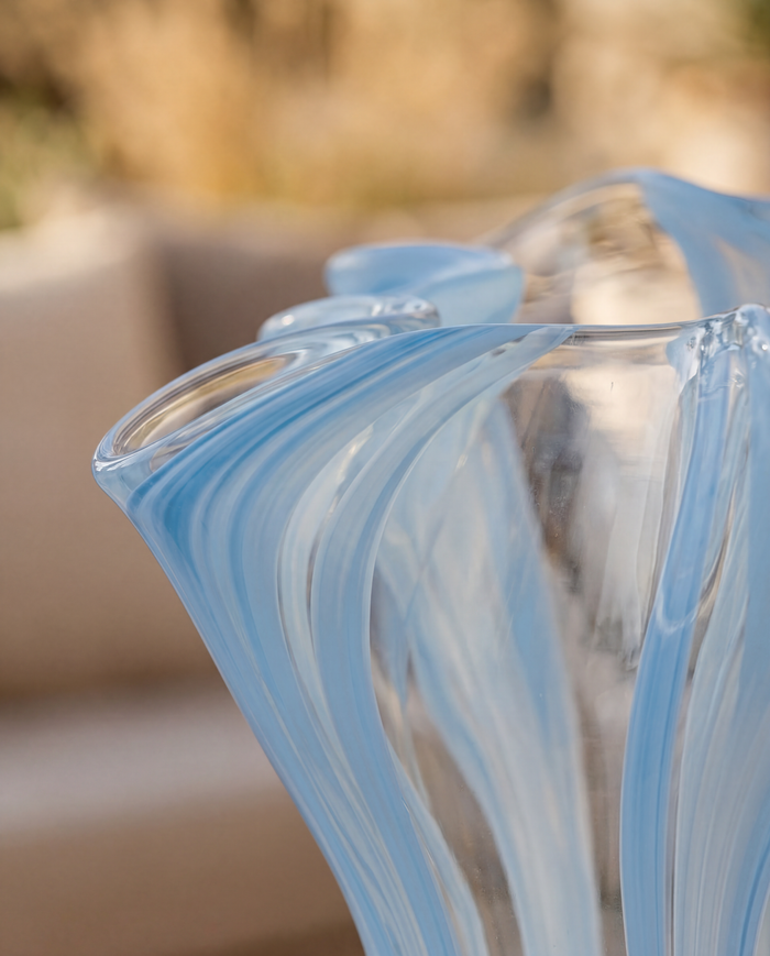 Blue Striped Handblown Glass Tea Light Holders - Set of 2