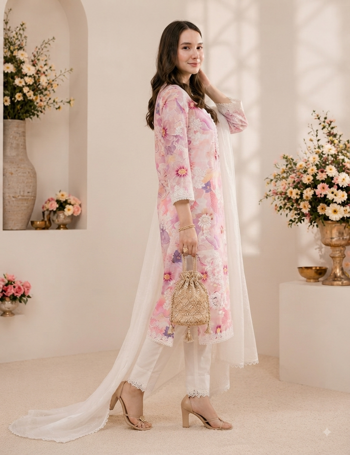 A woman models a three-piece traditional outfit featuring a light pink floral embroidered kurta, white trousers, and a matching sheer white dupatta, styled with a woven straw bucket bag and beige heels in a warm, sunlit interior setting.