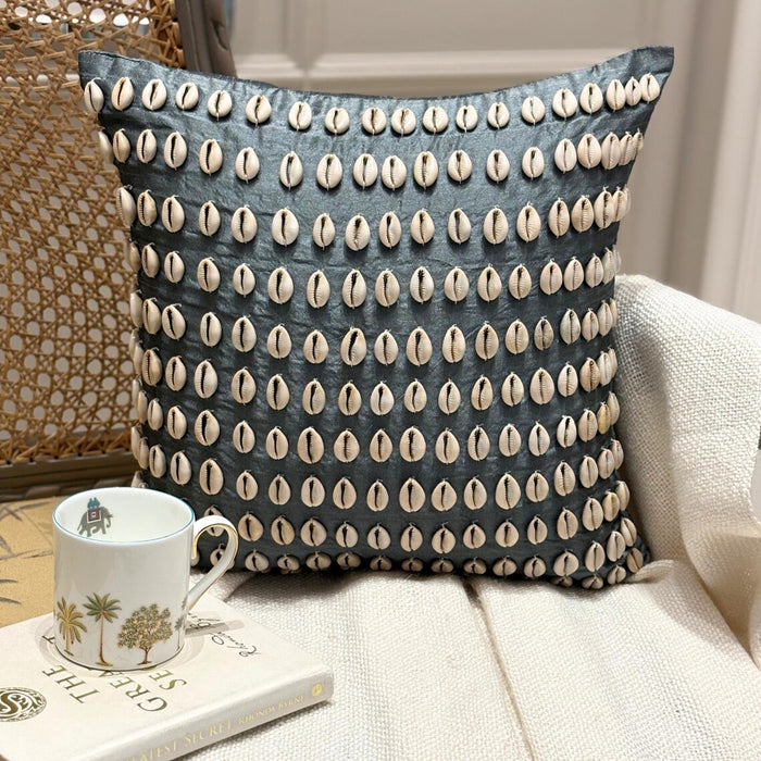 Bohemian Shells - Blue Silk Throw Pillow Cover