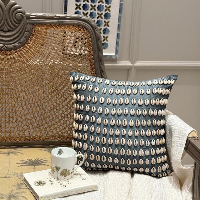 Bohemian Shells - Blue Silk Throw Pillow Cover