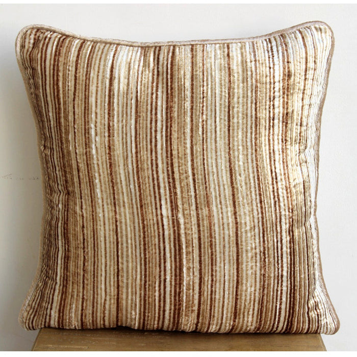 Brown Stripes - Beige Velvet Throw Pillow Cover