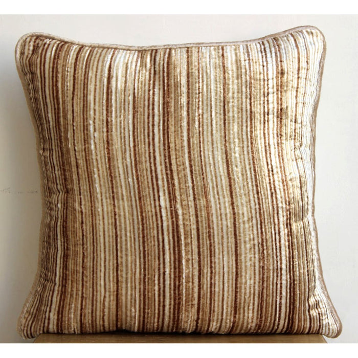 Brown Stripes - Beige Velvet Throw Pillow Cover