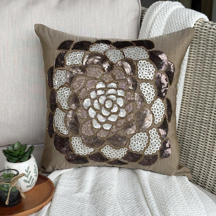 Brown Wildflower - Brown Art Silk Throw Pillow Cover