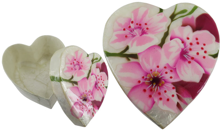 Capiz Shell Trinket Box, 3" Heart, Cherry Blossom