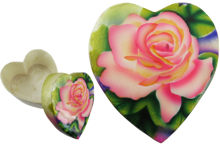 Capiz Shell Trinket Box, 3" Heart, Pink Rose
