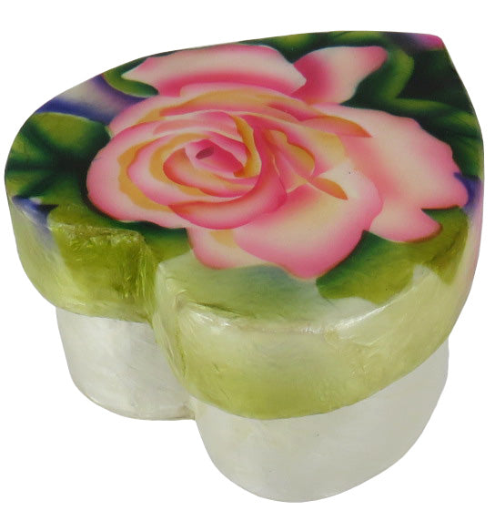 Capiz Shell Trinket Box, 3" Heart, Pink Rose