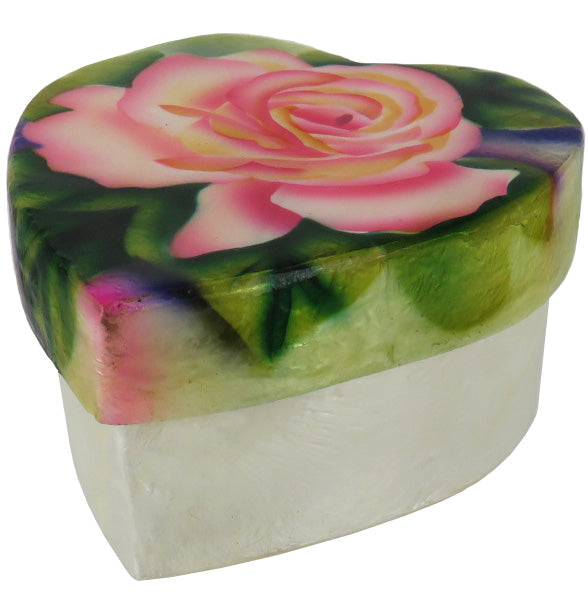 Capiz Shell Trinket Box, 3" Heart, Pink Rose