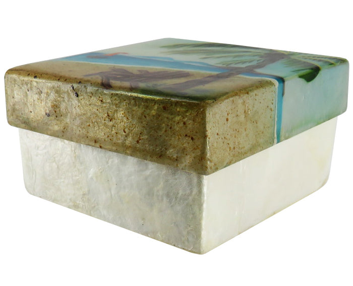 Capiz Shell Trinket Box, 3", Palm Tree / Beach