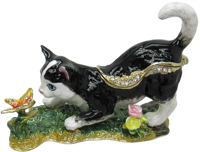 Cat Butterfly Jeweled Trinket Box Austrian Crystals, Black