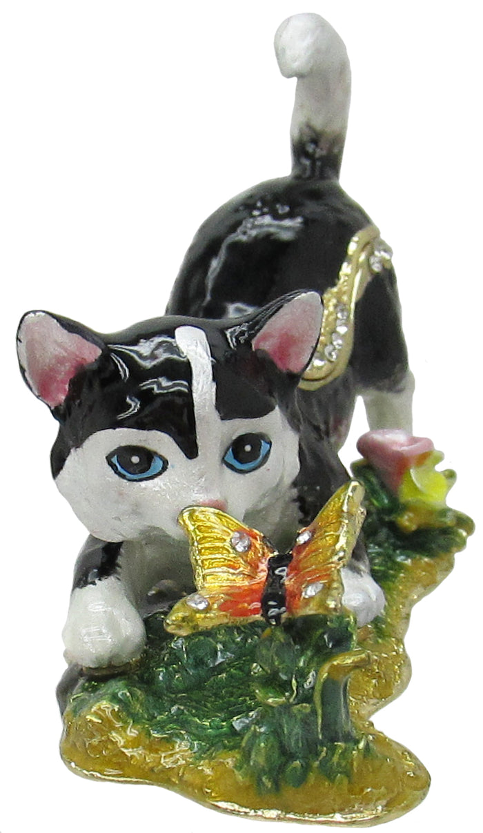Cat Butterfly Jeweled Trinket Box Austrian Crystals, Black