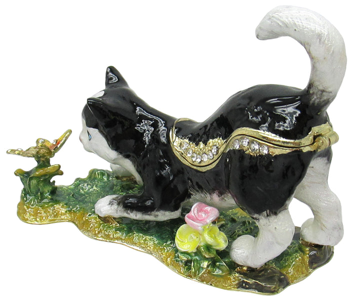 Cat Butterfly Jeweled Trinket Box Austrian Crystals, Black
