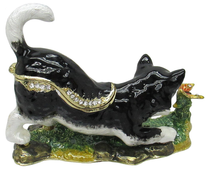 Cat Butterfly Jeweled Trinket Box Austrian Crystals, Black