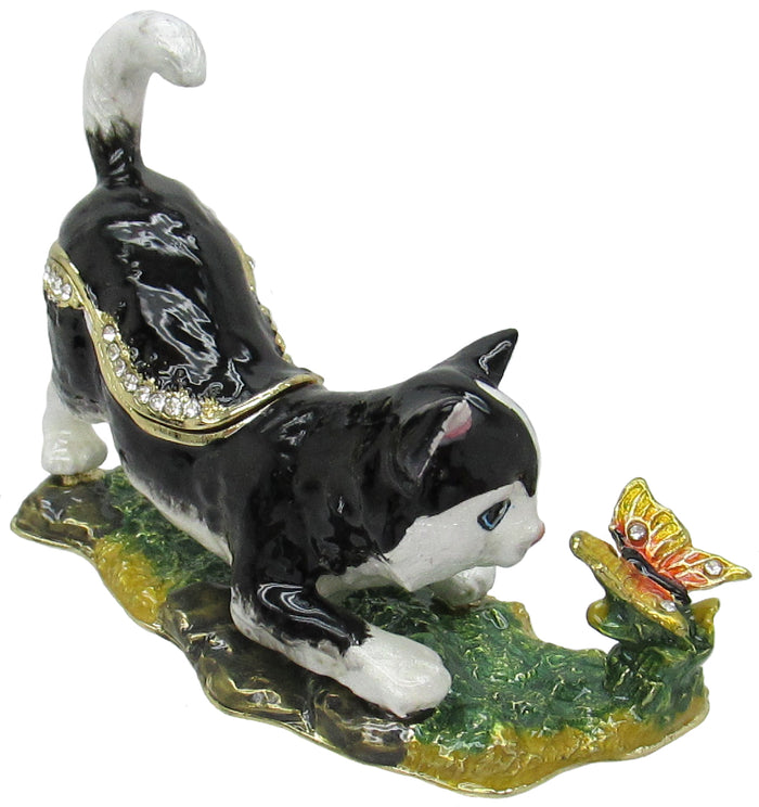 Cat Butterfly Jeweled Trinket Box Austrian Crystals, Black