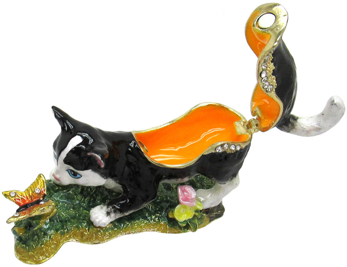 Cat Butterfly Jeweled Trinket Box Austrian Crystals, Black