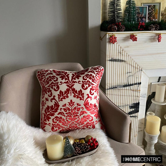 Cayenne Red Damask - Cayenne Red Burnout Velvet Throw Pillow Cover