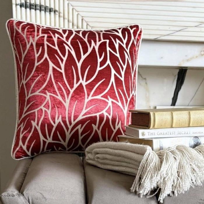 Cayenne Red Leaves - Cayenne Red Burnout Velvet Decorative Euro Sham