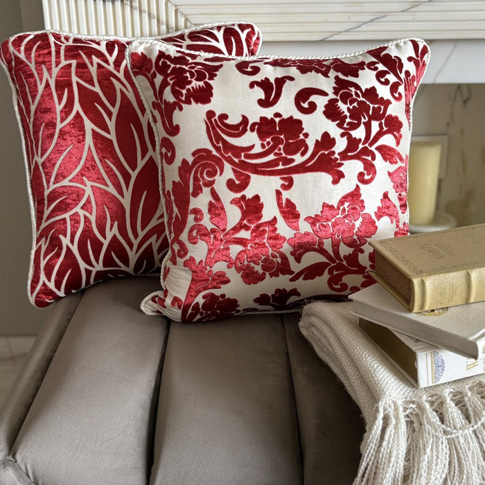 Cayenne Red Leaves - Cayenne Red Burnout Velvet Decorative Euro Sham