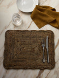Antique brown rattan scalloped placemat rectangular, Ceres woven table mat styled with cutlery on marble dining table neutral home decor UK