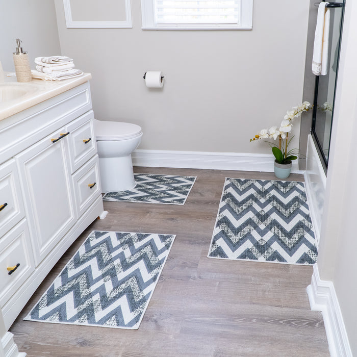 Chevron Design 3 Piece Bathroom Rugs Set | Gray