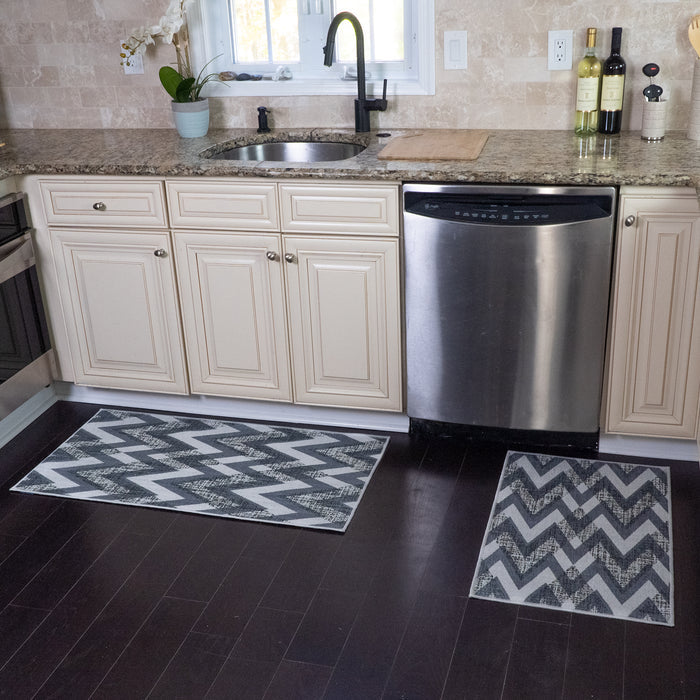 Chevron Design Non Skid Washable Kitchen Runner Rugs Set of 2| 44 x 24 and 31.5 x 20 Inches Floor Mats |Gray