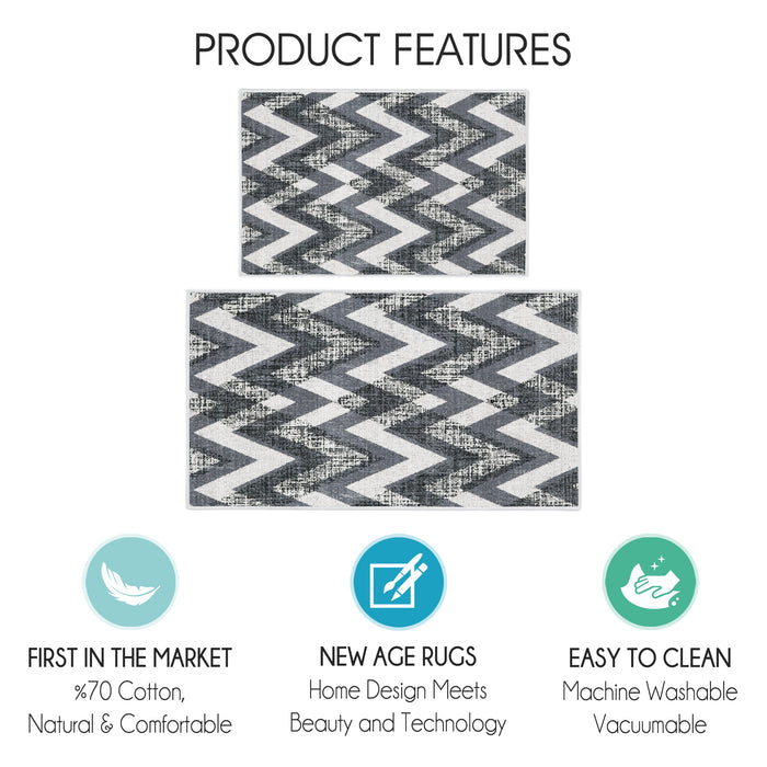 Chevron Design Non Skid Washable Kitchen Runner Rugs Set of 2| 44 x 24 and 31.5 x 20 Inches Floor Mats |Gray