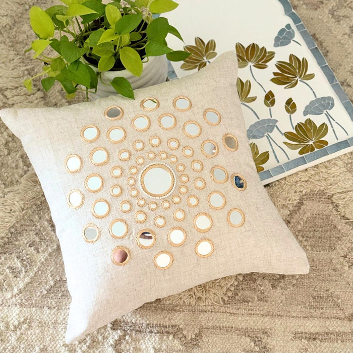 Circle Of Life - Beige Cotton Linen Throw Pillow Cover
