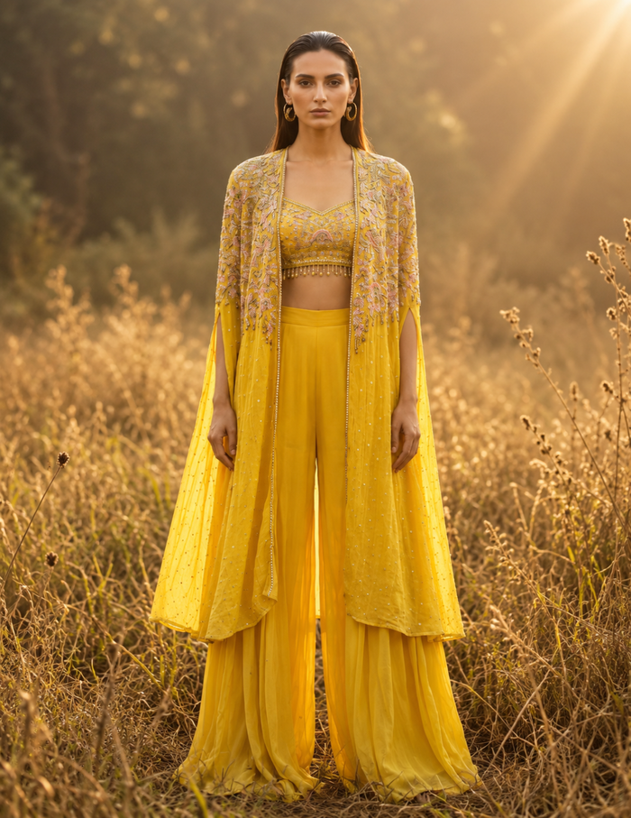 Citrine Muse Phulkari Cape Set