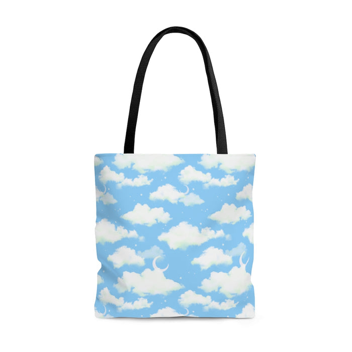 Stylish Cloudy Sky Tote Bag (Blue) featuring a versatile design with soft clouds, perfect for any outfit.