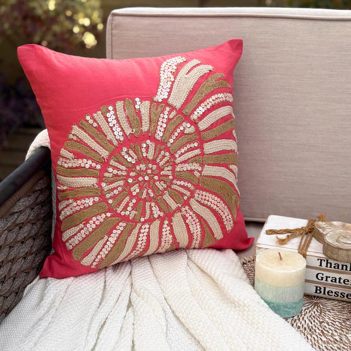 Coral Pink Cotton Linen Throw Pillow Cover - Coral Sea Shells