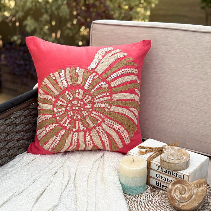 Coral Pink Cotton Linen Throw Pillow Cover - Coral Sea Shells