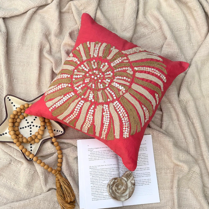Coral Pink Cotton Linen Throw Pillow Cover - Coral Sea Shells