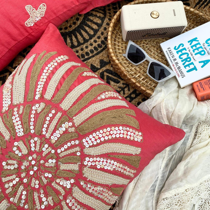 Coral Pink Cotton Linen Throw Pillow Cover - Coral Sea Shells