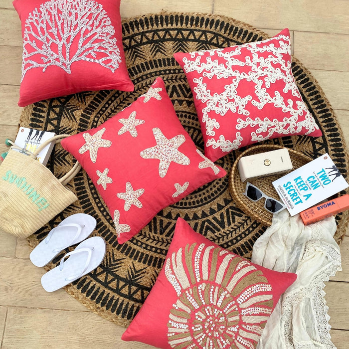 Coral Pink Cotton Linen Throw Pillow Cover - Coral Sea Shells