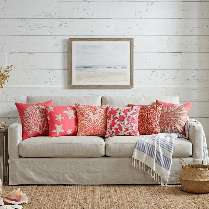 Coral Pink Cotton Linen Throw Pillow Cover - Coral Sea Shells