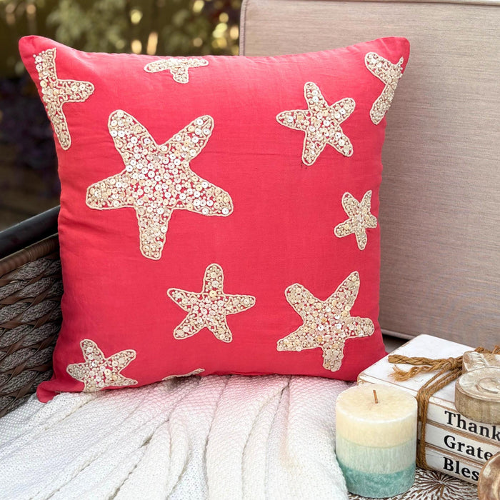 Coral Pink Cotton Linen Throw Pillow Cover - Corallian Star Spirit