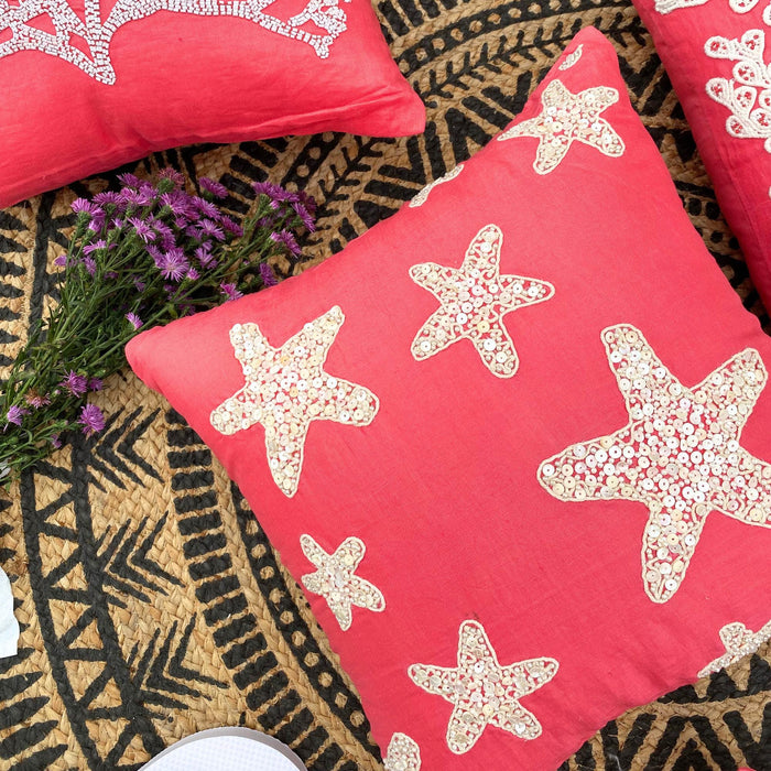 Coral Pink Cotton Linen Throw Pillow Cover - Corallian Star Spirit